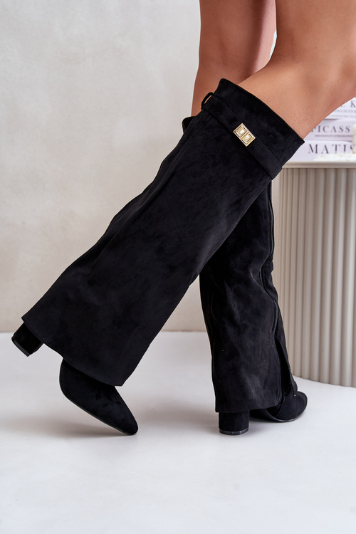 Eco Suede Boots Heel Block Zip Insulated Folded Shaft Beige Evyra