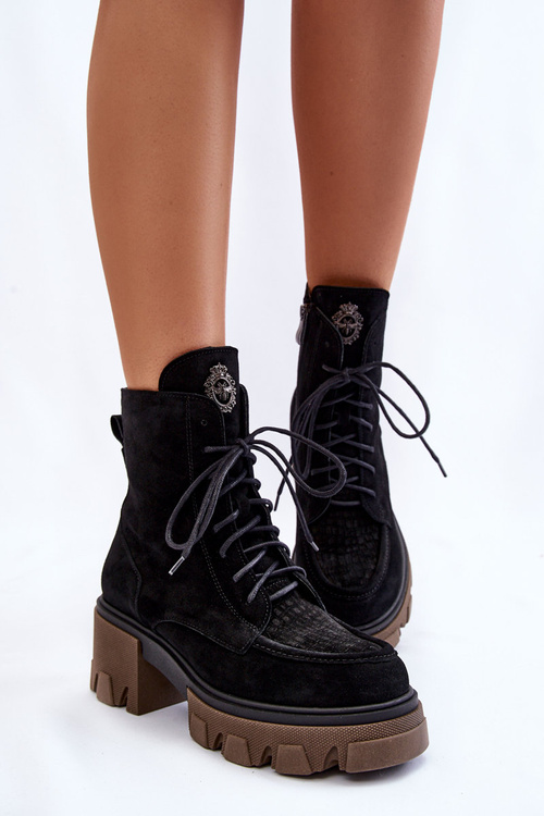 Women's Suede Warm Trapper Boots Black Rehin