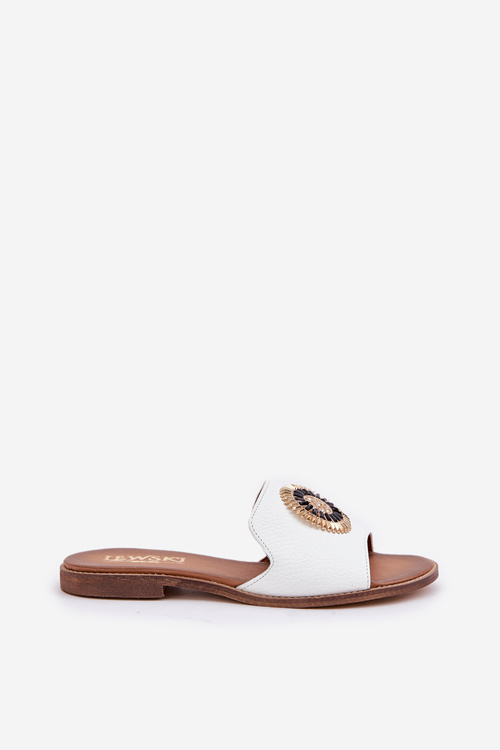 Damskie Klapki Skóra Naturalna Płaski Obcas Ozdoba Lewski Białe 3047/O