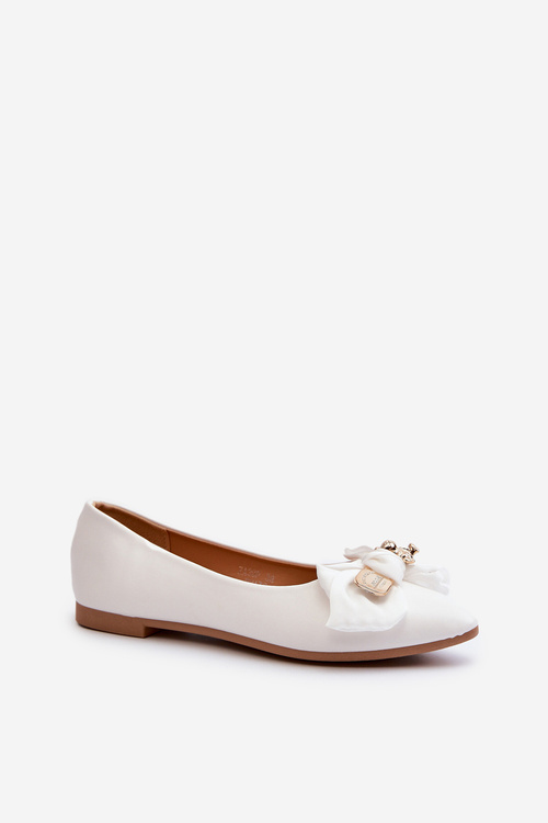 Women's Eco Leather Ballerina Flats with Bow and Brooch White Satris