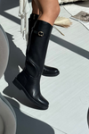 Women's Flat Heel Boots with Strap and Gold Buckle Black Sylvena