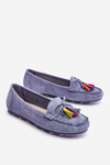 Suede Loafers With Bow And Fringes Blue Dorine