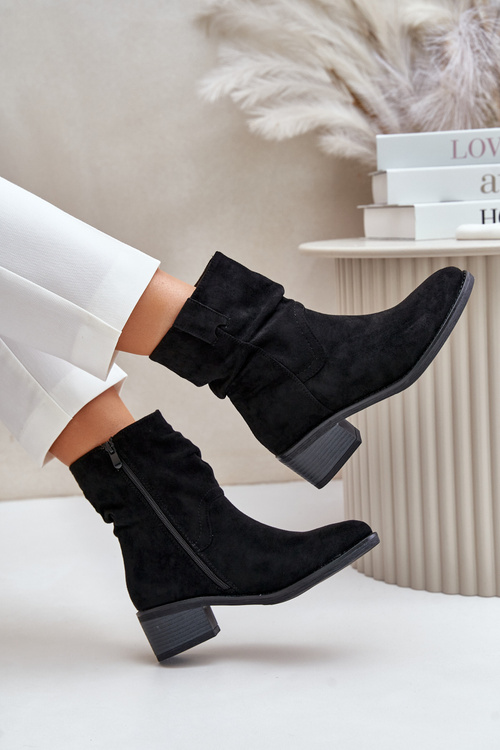 Damskie Botki Ocieplane Marszczona Cholewka Niski Obcas Czarne Zinanya