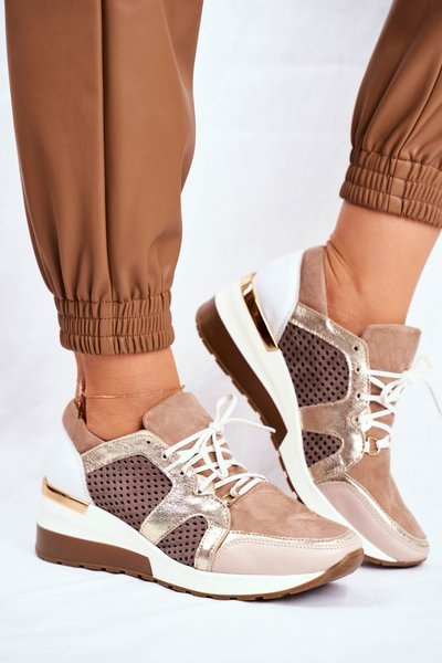 Skórzane Sneakersy Na Koturnie Beżowe Nicole 2562