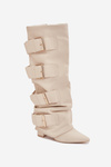 Women's High Heel Boots with Turned-up Shaft and Golden Buckles Light Beige Isavelle