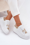 Women's Platform Sneakers With Ribbons White-Gold Ocerdia