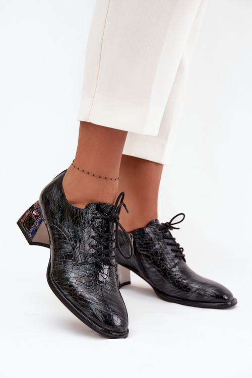 Damskie Półbuty Skóra Lakierowane Obcas Z Kryształkami Szare Artiker 57C0072