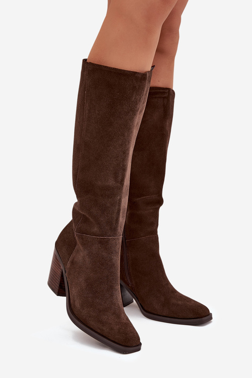 Suede Knee High Boots With Zip Chocolate Lissara