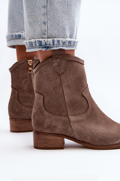 Zazoo 3329 Suede Cowboy Ankle Boots Low Heel Dark Beige