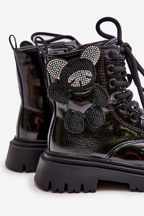 Insulated Girls' Boots With Teddy Bear Zippered Black Lacquered Relobia