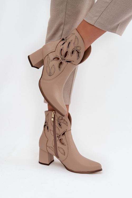 Leather Openwork Women's Ankle Boots On Heel Zazoo 3647 Light Beige