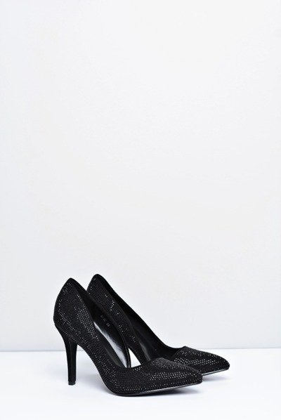 Women's Black Suede Zircon Asymmetrical Santee Stilettos
