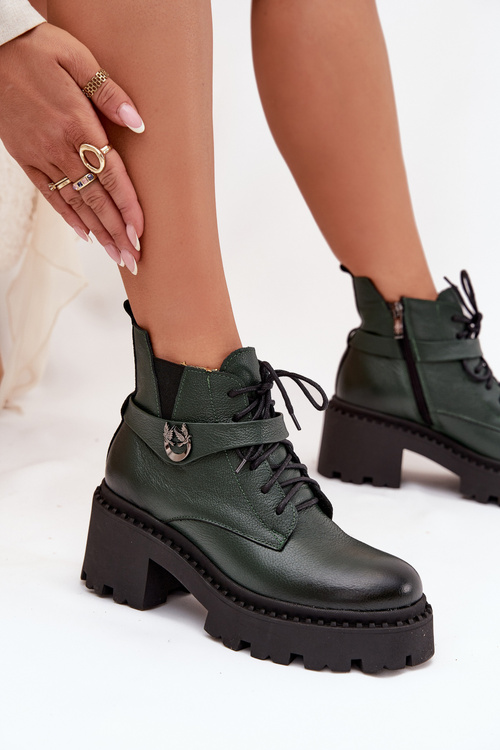 Leather Women's Block Heel Boots with Decorative Strap Insulated Zazoo 60557 Dark Green