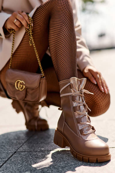 Leather Women's Boots with Lacing Beige Doreli