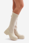 Knee Boots With Elastic Shaft On Flat Heel Light Beige Mesidra