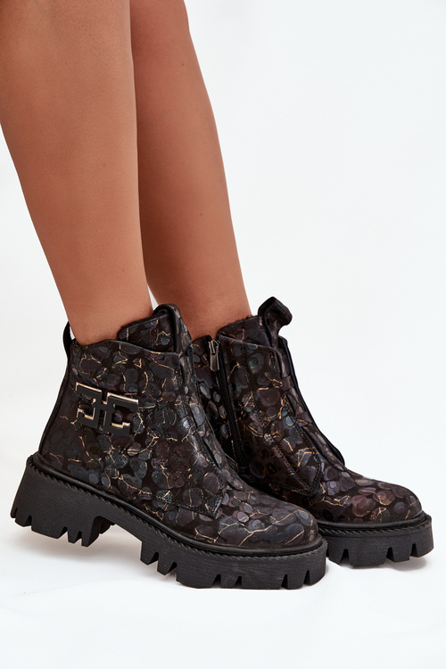 Leather Women's Ankle Boots With Decoration Lined Artiker 57C2084 Black-Golden