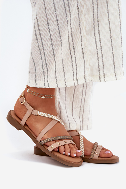 Sandały Damskie Płaskie Ozdobne Paseczki Beżowy Vinceza 17379