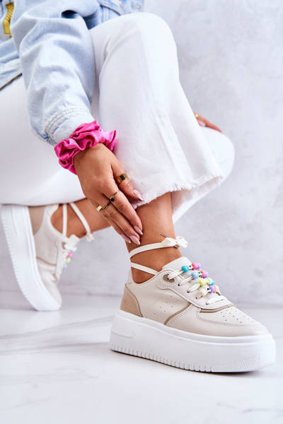 Buty Sportowe Sneakersy Damskie Wiązane Beżowe Manila
