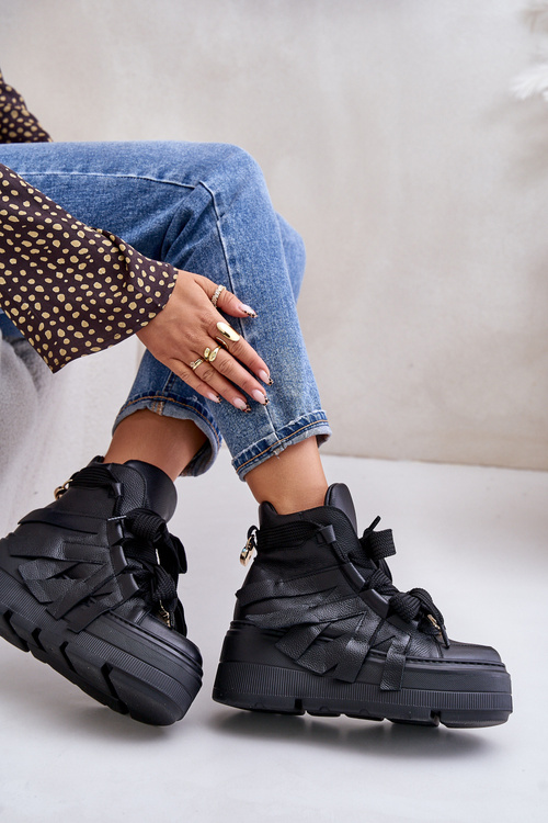 Leather Women's Sneakers On Massive Platform CheBello 4561 Black