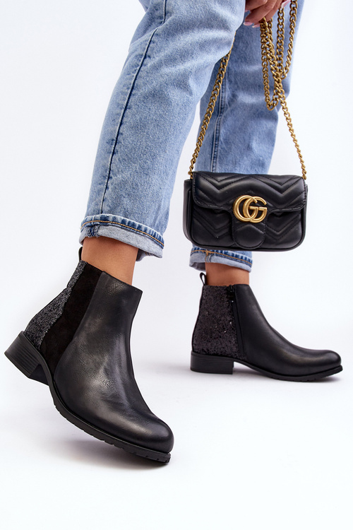 Women's Ankle Boots Flat Heel With Sequins Black Messio