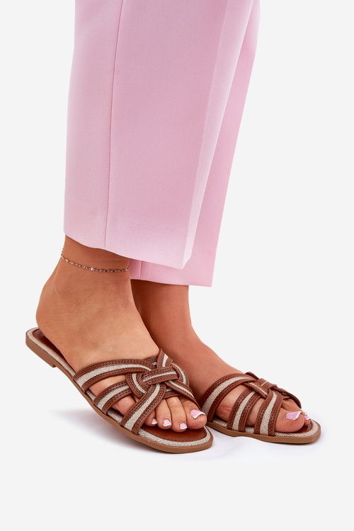 Ladies Flat Slippers With Intertwined Straps Brown Acimine
