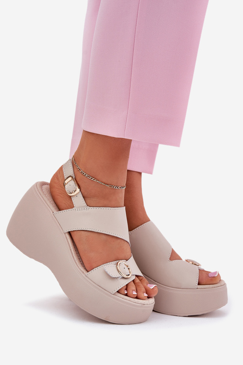 Sandały Damskie Skóra Naturalna Koturn Platforma Beżowe S.Barski LR51-540