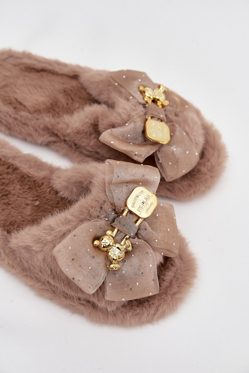 Fur Women's Slippers With Bow And Gold Decoration Dark Beige Nolara