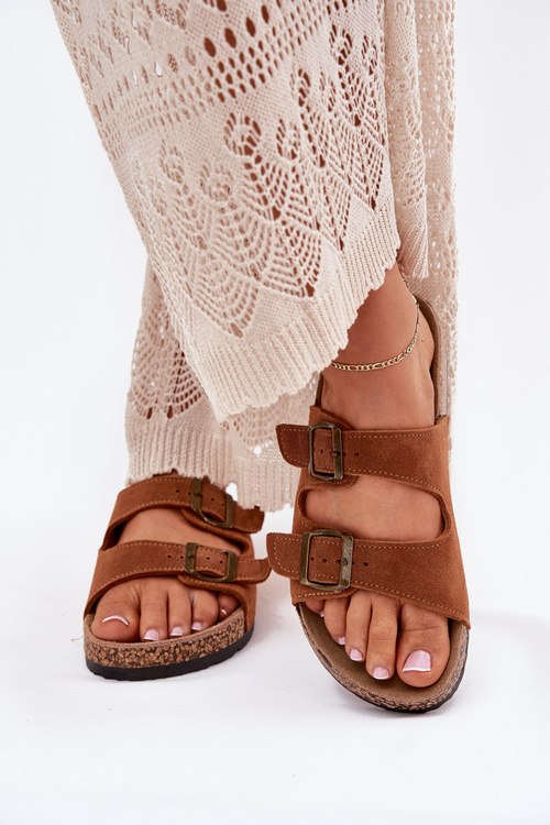 Damskie Zamszowe Klapki Korkowa Podeszwa Klamry Camel Tavira