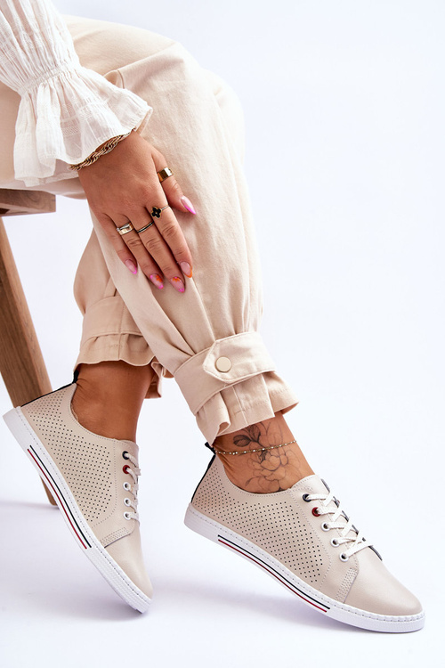 Women's Beige Leather Cut-Out Sneakers S.Barski LR952