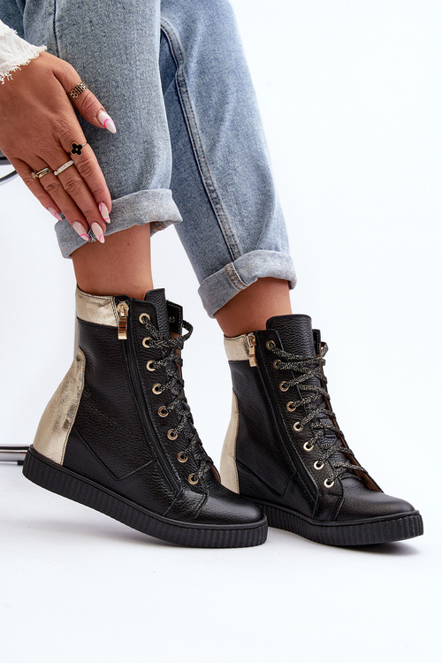 Zazoo 3081 Women's Leather Sneakers With Wedge Black