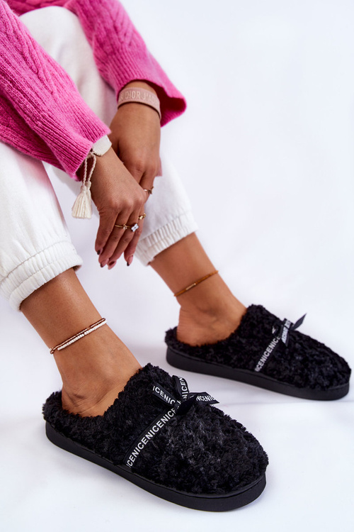 Papcie Damskie Futrzane Kokardka Czarne Ryana