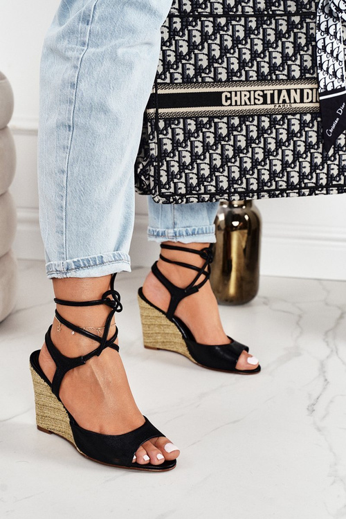 Leather Sandals On A Braided Wedge Laura Messi 1944 Black