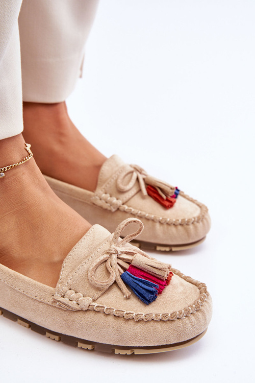 Suede Loafers With Bow And Fringes Beige Dorine