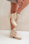 Beige Boots With Pearls, Rhinestones And Ribbon Nudago