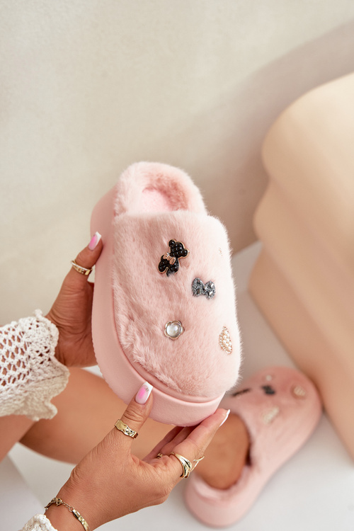 Kapcie Z Przypinkami Futrzane Na Grubej Podeszwie Różowe Zintoria