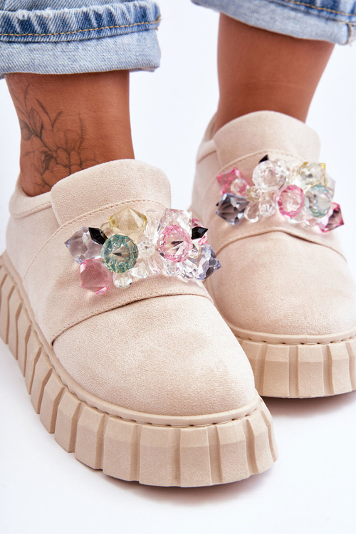Buty Sportowe Półbuty Modne Wsuwane Ozdoba Beżowe Desire NB615
