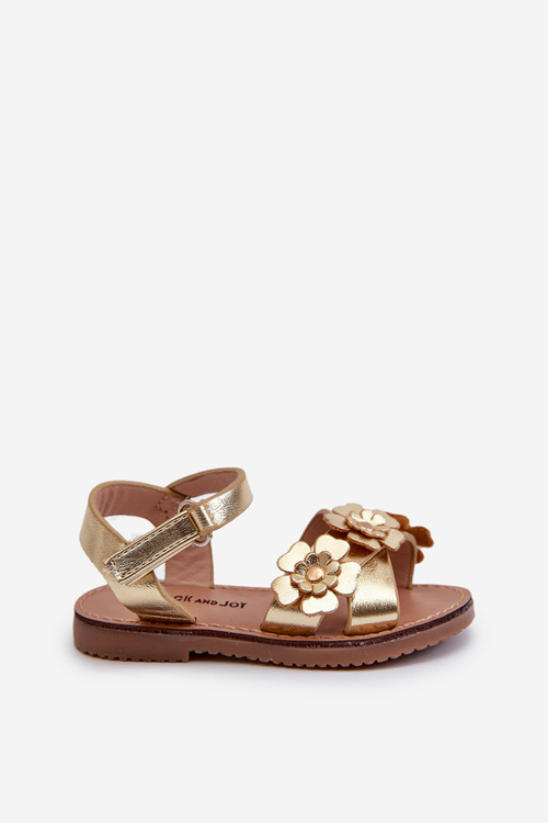Children's sandals adorned with flowers, fastened with velcro, golden Fagossa