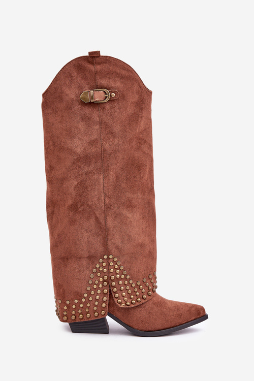 Botki Z Dżetami I Wywiniętą Cholewką Na Słupku Brązowe Iveliri