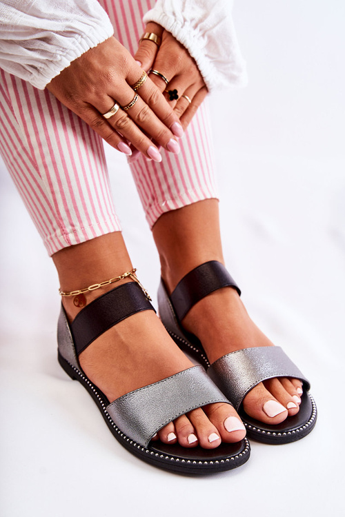 Classic Leather Sandals With Studs Dark Silver Shelly