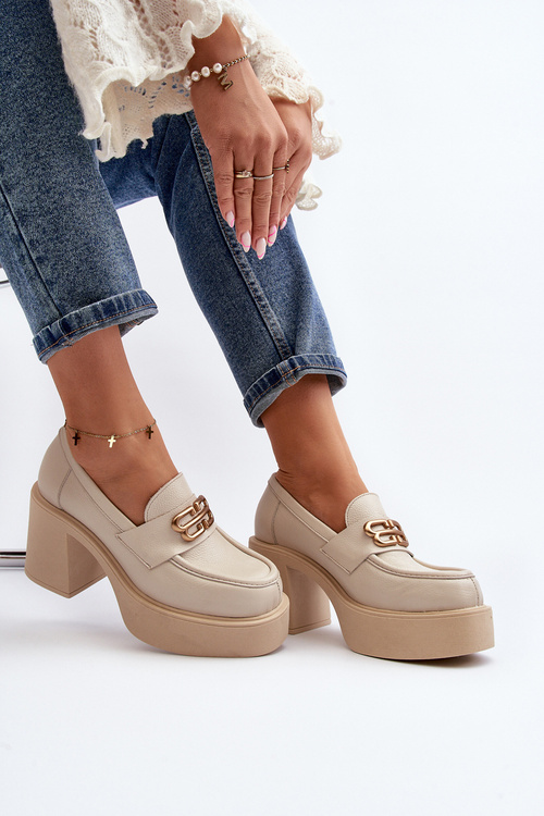 Zazoo 20170 Women's Leather Shoes with Heel Light Beige