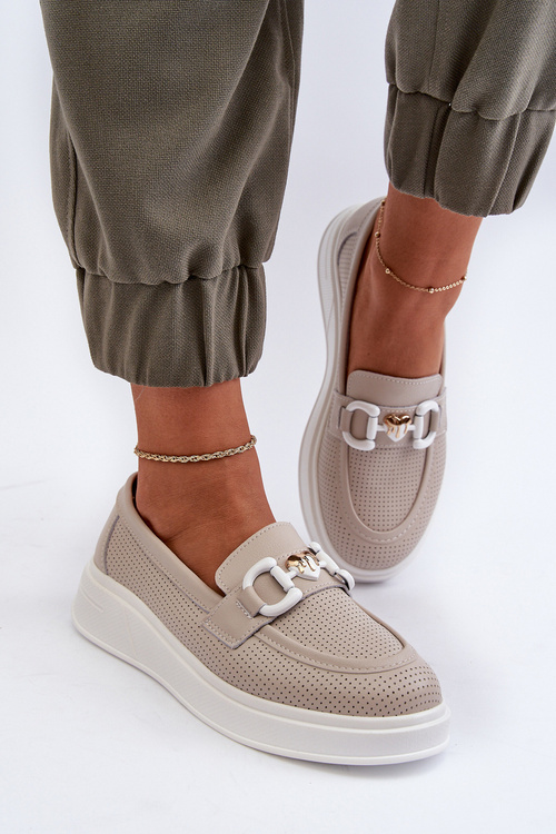 Mokasyny Na Platformie Damskie Skóra S.Barski LR720 Beżowe