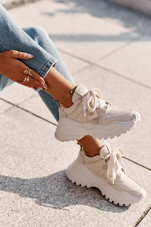 Skórzane Sneakersy Damskie CheBello 4583 Beżowe 