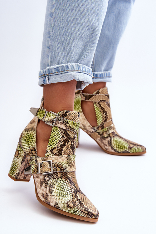 Trendy Heeled Boots with Cutouts Beige-Green Suelo