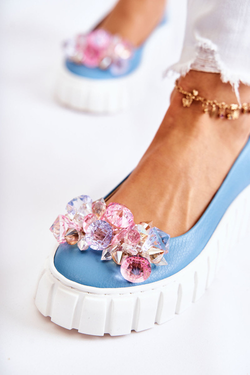 Leather Ballerinas On A Platform With A Ornament Blue and White Ladette