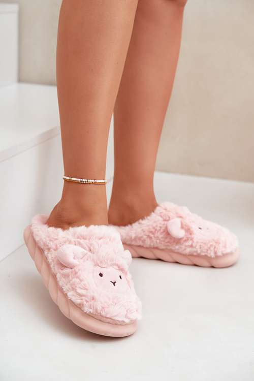 Womens Furry Slippers With Sheep Motif Pink Phaeia