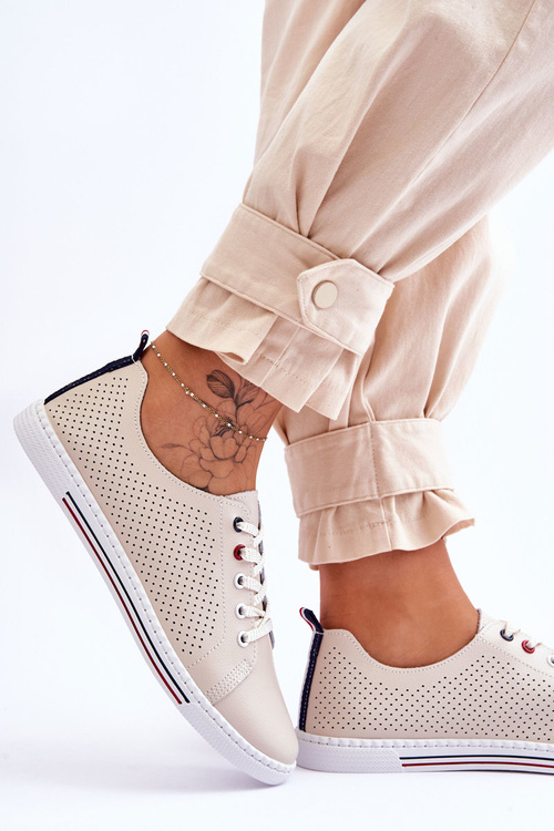 Women's Beige Leather Cut-Out Sneakers S.Barski LR952