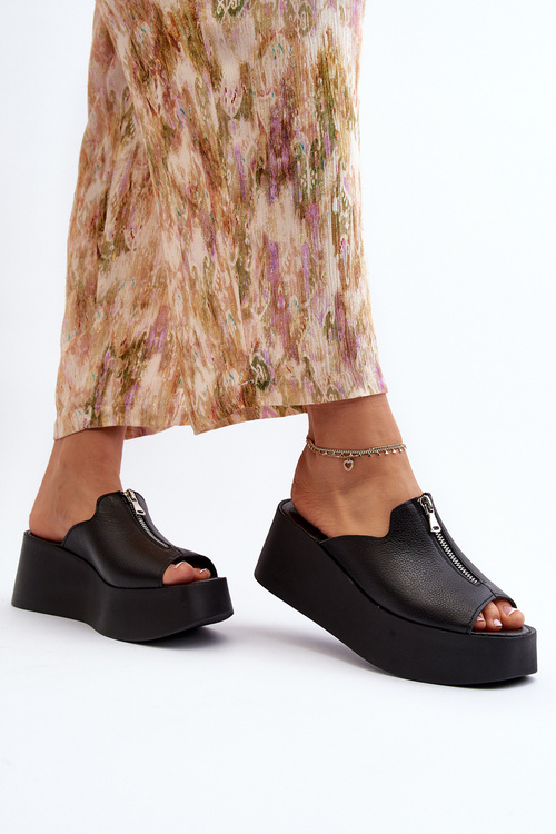 Klapki Damskie Masywna Platforma Suwak Czarne Zazoo 2916