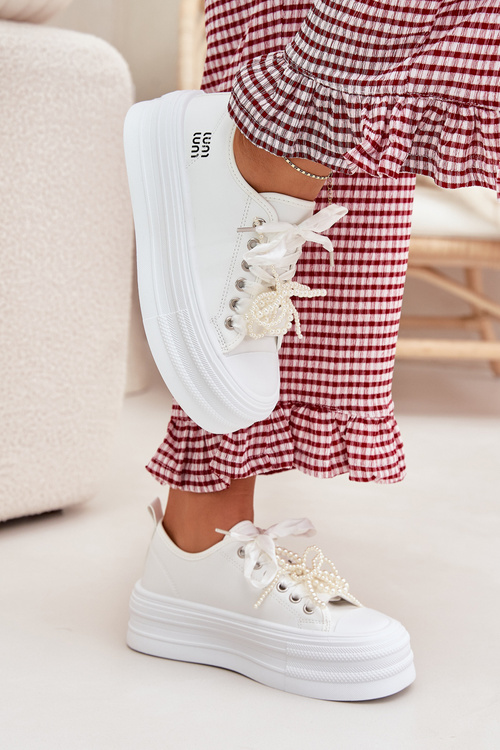 Women's Platform Sneakers With Decorative Lacing White Tivora