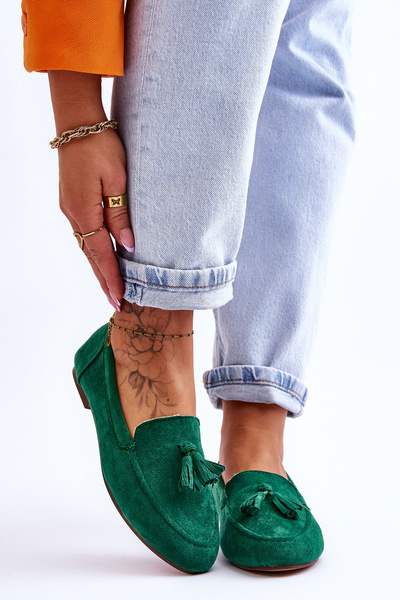 Suede Classic Fringed Loafers Green Averil