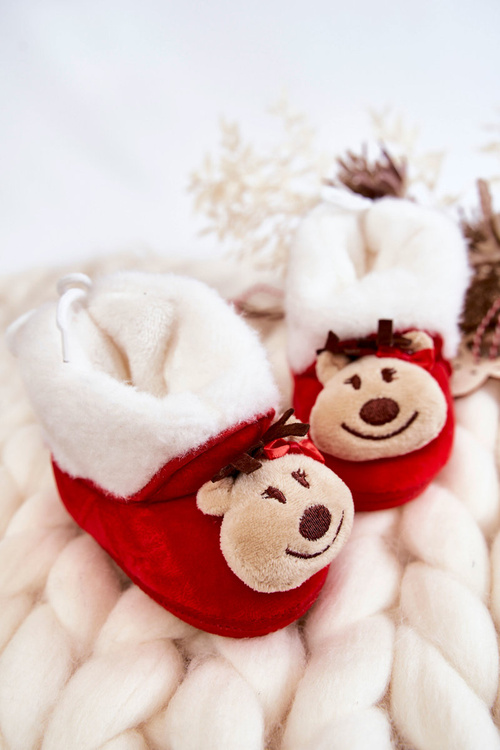 Papcie Dziecięce Ocieplane Renifer Z Kokardką Czerwone